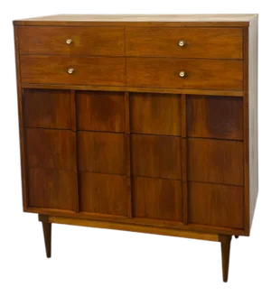 Vintage Mid-Century Modern Highboy Dresser Dovetailed Drawers Brass Finished Pulls.