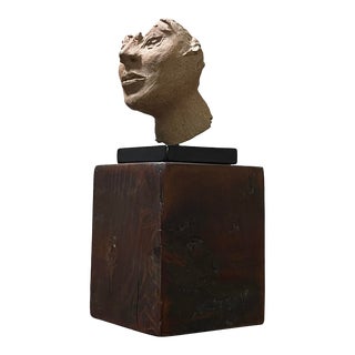 Vintage Portrait Clay Minimalist Sculpture on Wood Plinth For Sale