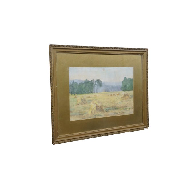Traditional 1913 Antique Emily Hyde Indiana Country Hay Field Pastel Landscape Painting 27" For Sale - Image 3 of 11