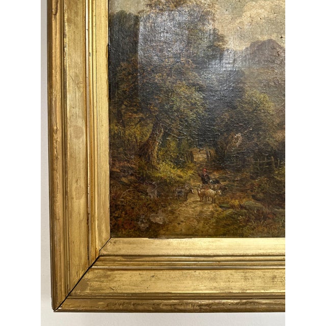 English Original Antique English Oil Painting, W. ELLIS Sheep on Country Road For Sale - Image 3 of 6