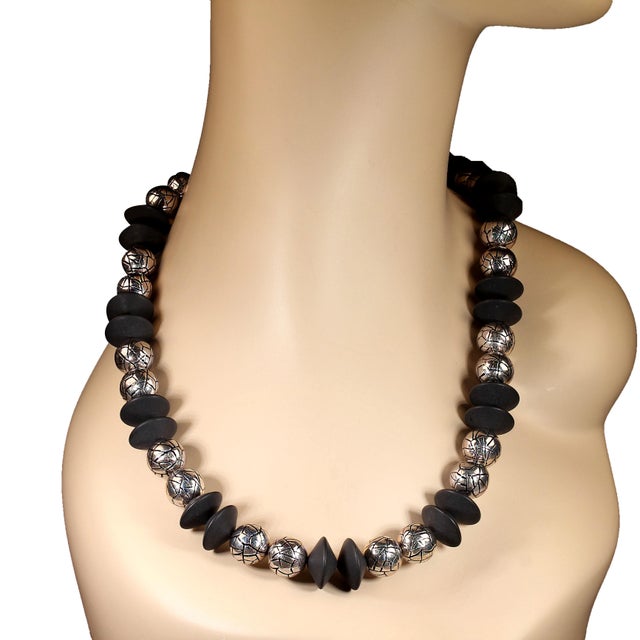 Traditional Ajd 24 Inch Matt Black Onyx and Silver Tone Exotics Necklace For Sale - Image 3 of 5