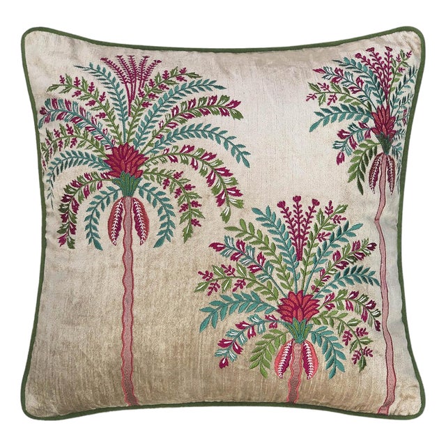 Beige Embrodiery Palm Tree Decorative Pillow Cover, Tropical Decor Pillow Cover Linen With Cotton, 18x18 / 45x45cm Decor Cushion Cover For Sale