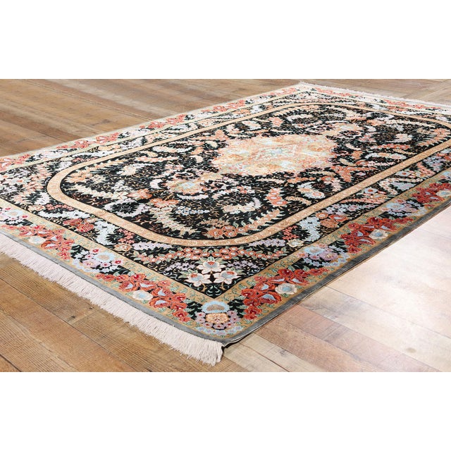 Textile Vintage Persian Black Silk Qum Rug - 05'02 X 08'01 For Sale - Image 7 of 9