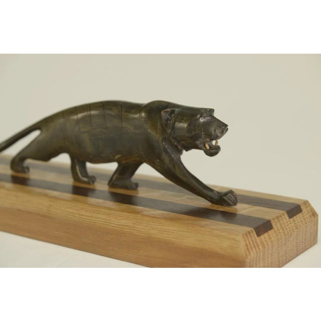 1920s Panther Sculpture on Oak Wood Base with Wenge Inlay, 1920s For Sale - Image 5 of 12