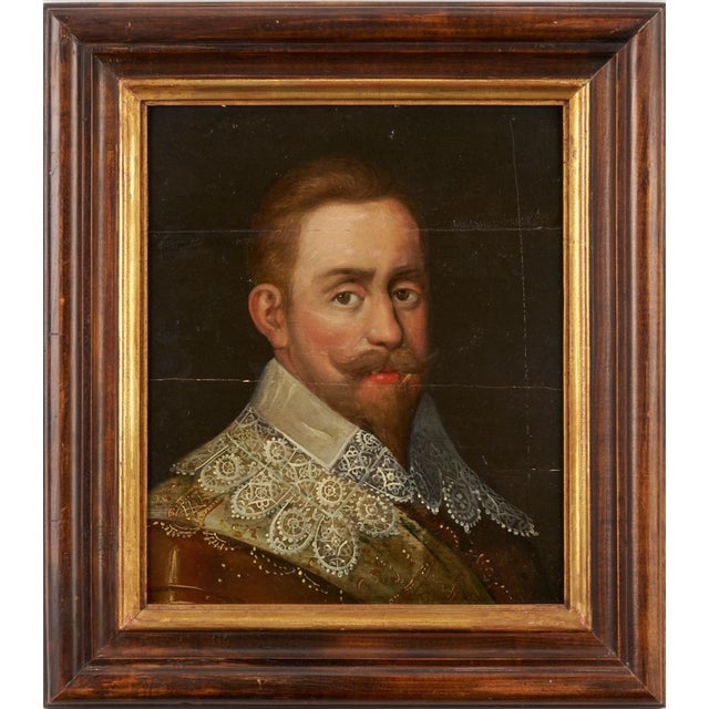 Northern European school pair of oil on panel bust-length pendant portraits depicting a man and a woman in fine clothing,...