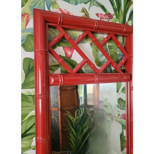 1970s Vintage Chinese Chippendale Palm Beach Regency Red Lacquered Tall Wall Mirrors - a Pair For Sale - Image 5 of 7