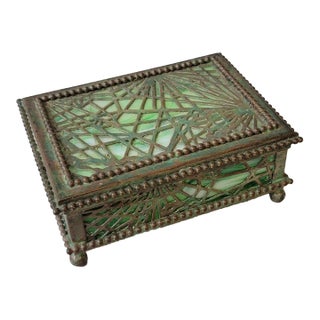 Early 20th Century Tiffany Studios Pine Needle Bronze & Green Slag Glass Box For Sale