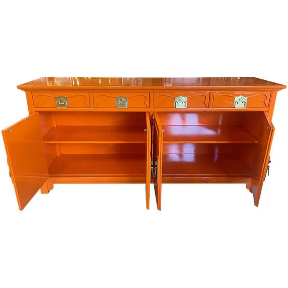 Henredon 1970s 72" Finished Electric Orange 4 Door 4 Drawer Henredon Vintage Buffet For Sale - Image 4 of 5