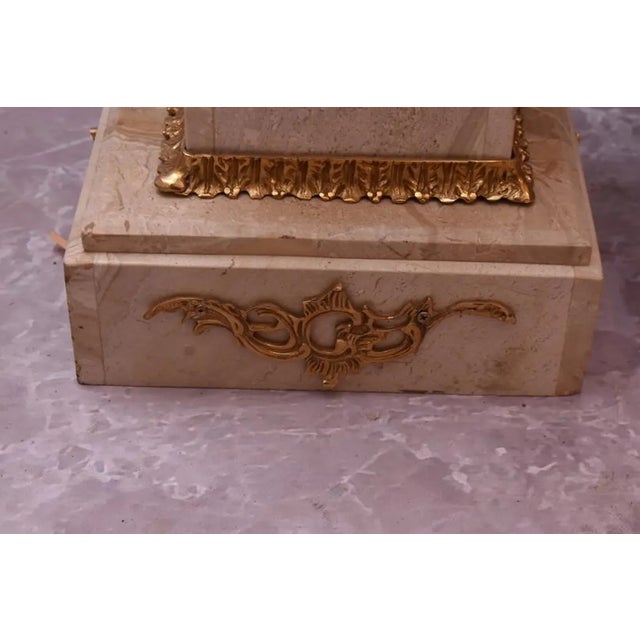 Pair of Large Neoclassical Beige Marble and Ormolu Bronze Urn Amphorae With Matching Pedestals For Sale - Image 12 of 16