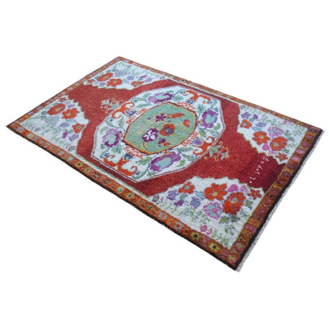 High Pile Area Rug Hand Knotted Colorful Oushak Medallion Rug - 3'10'' X 6' For Sale - Image 4 of 12