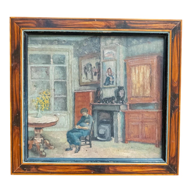 Early 20th Century Oil on Wood Panel Painting of Mother and Child in an Interior Scene For Sale