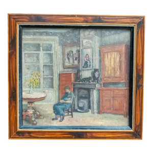 Early 20th Century Oil on Wood Panel Painting of Mother and Child in an Interior Scene