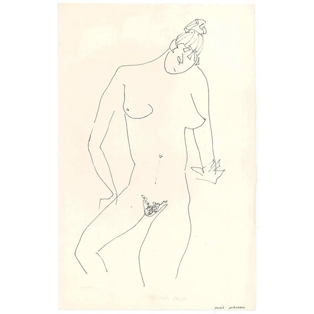 Alkis Matheos, Sketched Female Nude, Original China Ink on Paper For Sale