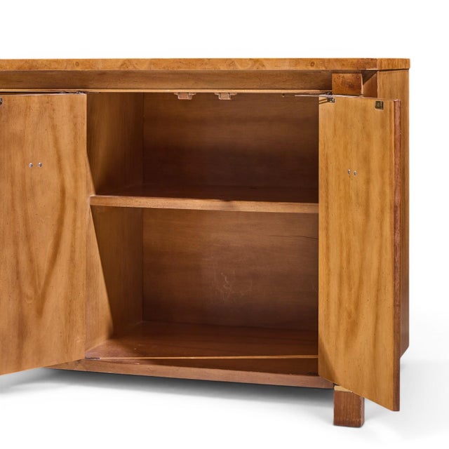 American of Martinsville Mid Century Walnut, Burlwood and Brass Credenza For Sale - Image 9 of 11