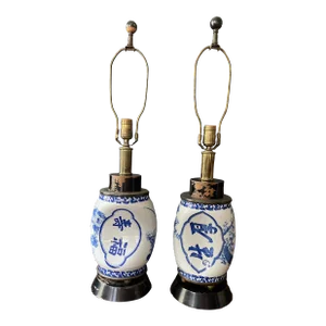 Mid Century Blue and White Chinese Ceramic Lamps - a Pair