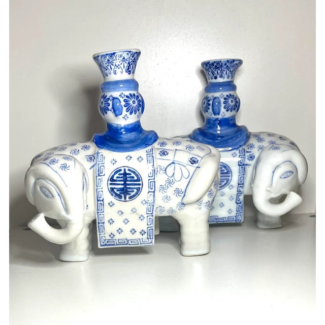 Chinoiserie Vintage Blue Canton Chinoiserie Elephant Candlesticks - a Pair For Sale - Image 3 of 7