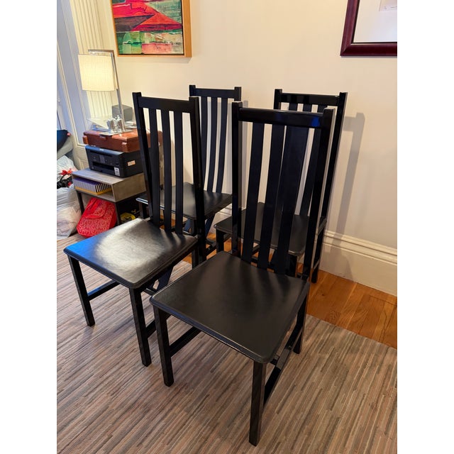 1980s Set of 4 Postmodern Black Wood and Leather Strap Dining Chairs For Sale - Image 10 of 12
