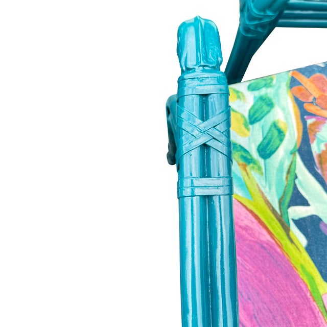 Teal Spiderback Rattan Dining Set, Newly Painted and Re-Upholstered For Sale - Image 8 of 11