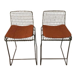 Crate and Barrel Tig Leather Cushion Metal Counter Stools - a Pair For Sale
