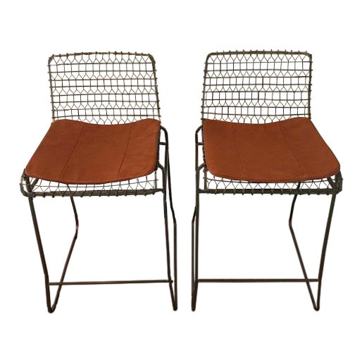 Crate and Barrel Tig Leather Cushion Metal Counter Stools a Pair