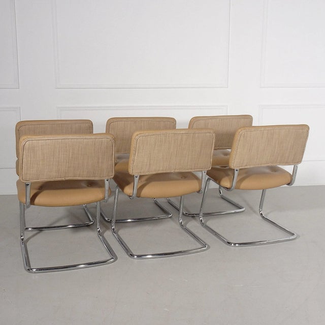 Modern 60's Chrome and Faux Leather Cantilever Side Chairs - Set of 6 For Sale - Image 3 of 6