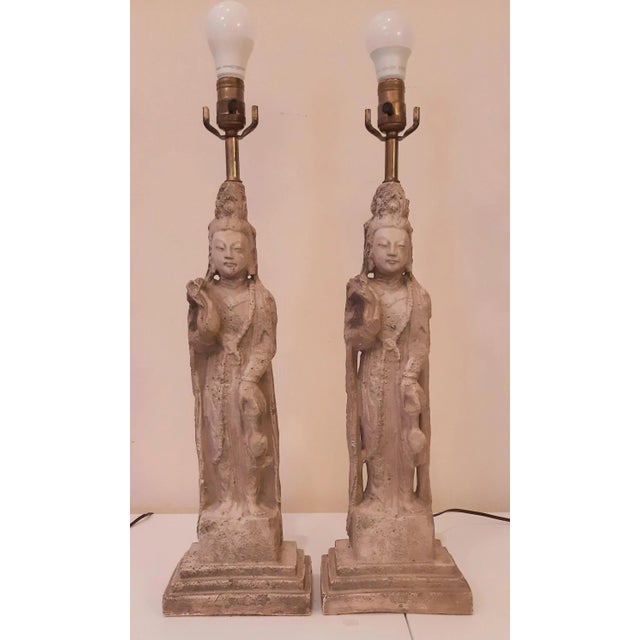 Figurative Goddess Asian Kwan Yin Buddhist Lamps Pair For Sale - Image 3 of 13
