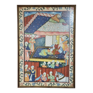 Vintage 20th C Asian Indian Mughal Framed Under Glass Painting on Silk