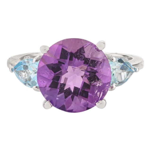 Exquisite 9.8 Mm Round Amethyst & Topaz Trio Ring in 925 Sterling Silver - Size 7.5 For Sale