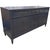 A wide dresser in a deep slate-blue finish with a clean, structured silhouette and tapered legs capped in brass. It...