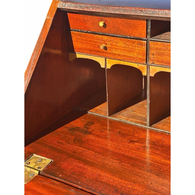 Antique George III Figured Mahogany Slant Lid Writing Desk With Rare Brass Pulls For Sale - Image 9 of 12