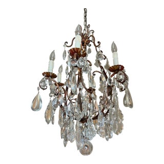 Mid 20th Century Vintage Louis XVI Style 6-Light Bronze, Copper & Crystal Chandelier For Sale