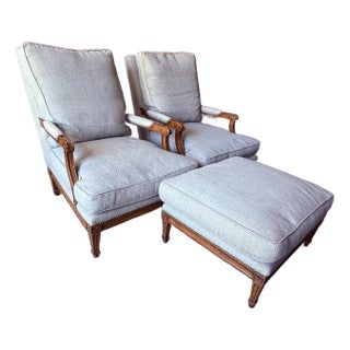 Pair of Minton-Spidell Louis XVI Lounge Chairs With Ottoman For Sale