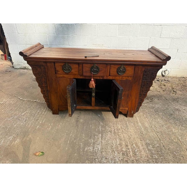 Antique Chinoiserie Style Elm Wood Carved Butterfly Altar Sideboard. For Sale - Image 9 of 18