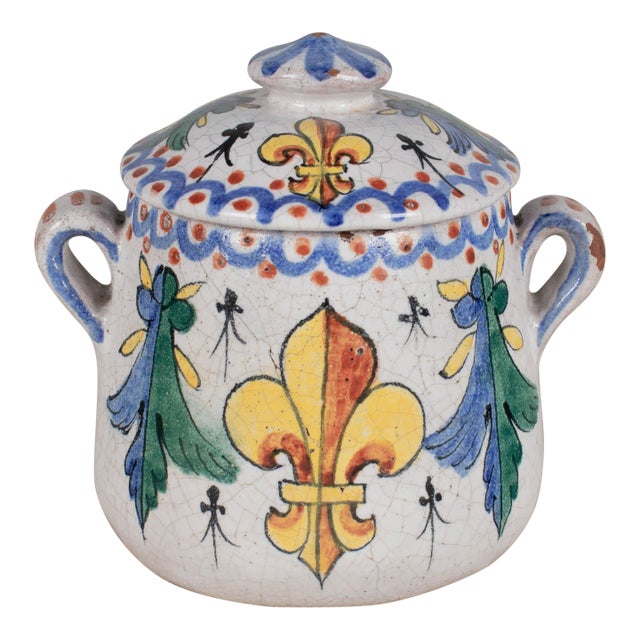 19th Century French Faience Fleur-De-Lis Lidded Pot, Hand-Painted For Sale