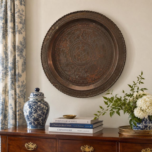 Large 24 inch vintage Chinese Fu brass wall tray with peacock, deer and bird motifs, a scalloped edge, dark patina and...