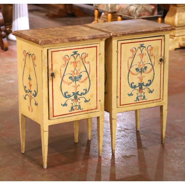 Place this charming pair of antique nightstands beside a bed, or anchoring a hallway vignette. Crafted in Italy circa...