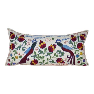 Peacock Suzani Pillow Cover – Hand Embroidered Floral Lumbar Cushion, 16'' X 34'' For Sale