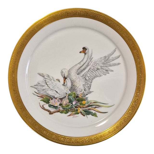 Gold Vintage 1972 Edward Marshall Boehm Birds of Peace Mute Swans Gilded Platter For Sale - Image 8 of 8