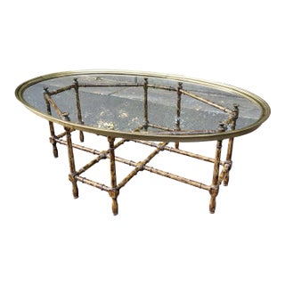 Vintage Faux Bamboo Oval Coffee Table With Brass Gallery & Glass Top For Sale