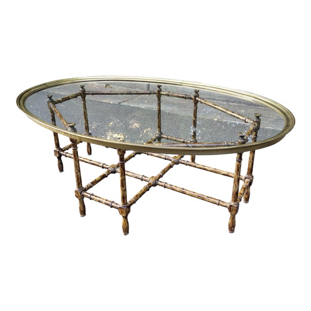 Vintage Faux Bamboo Oval Coffee Table With Brass Gallery & Glass Top For Sale