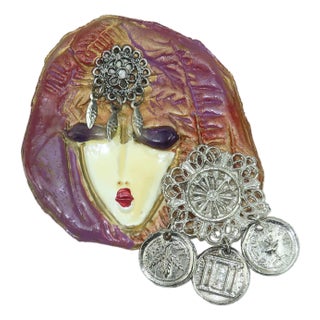 Noemi Sarel Ceramic Mixed Media Lady in Mauve & Plum Brooch For Sale