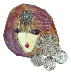 Noemi Sarel Ceramic Mixed Media Lady in Mauve & Plum Brooch