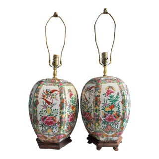 Pair of Vintage Chinese Export Famille Rose Porcelain Ginger Jar Table Lamps For Sale