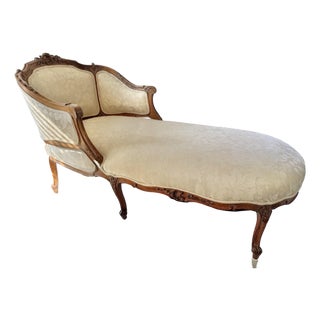Antique Carved Louis XV Style Chaise Lounge Upholstered in Ivory For Sale