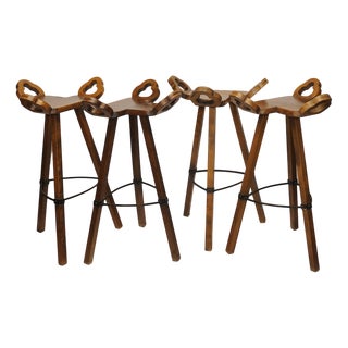 Brutalist Marbella Style Beech Bar Stools attributed to Viriato Gomez for Toledo, 1970s, Set of 4 For Sale