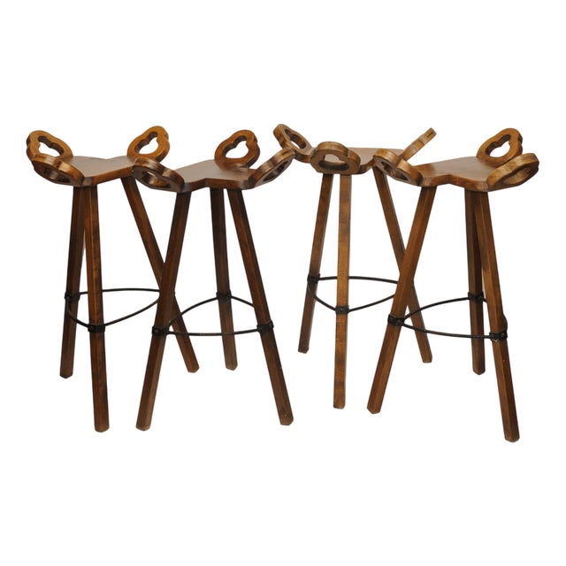 Brutalist Marbella Style Beech Bar Stools attributed to Viriato Gomez for Toledo, 1970s, Set of 4 For Sale