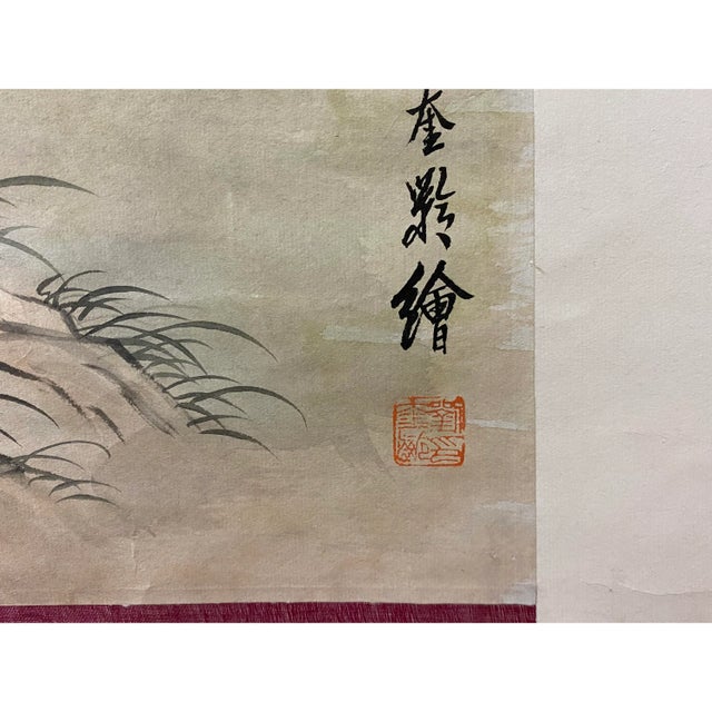 Vintage Chinese Color Ink Double Deer Scroll Painting Wall Art For Sale In San Francisco - Image 6 of 7