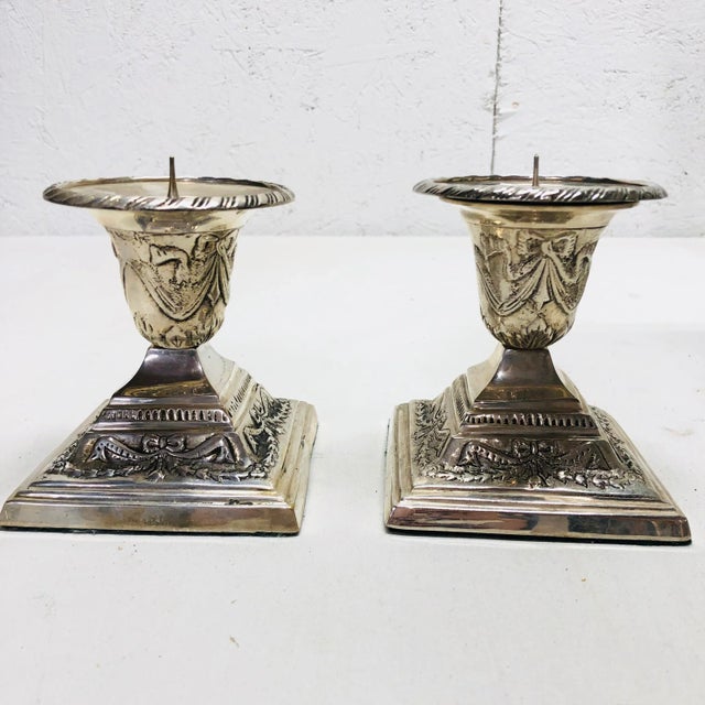 Silverplated Candlesticks Decorated With Swags and Bows - a Pair For Sale - Image 9 of 9
