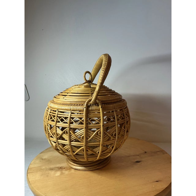Vintage Bent Rattan Wicker Basket W Handle & Lid Easter Egg 10” Boho Cottage