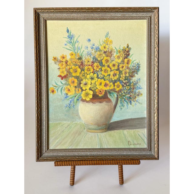 Beautiful original still life oil painting featuring bright cheerful yellow and blue wildflowers in a stoneware pottery...